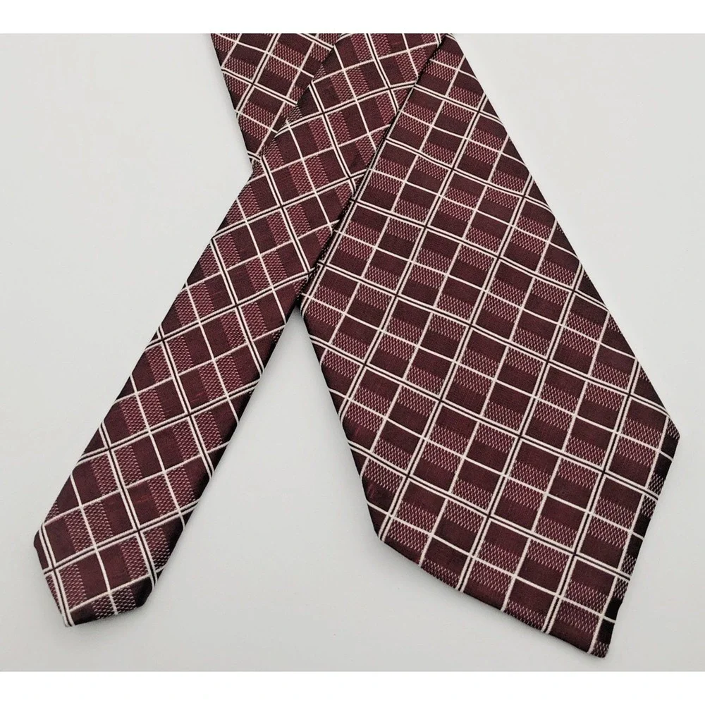 VTG Lauren Ralph Lauren Tie Burgundy Plaid Diamond 100% SILK Made USA Hand Finis